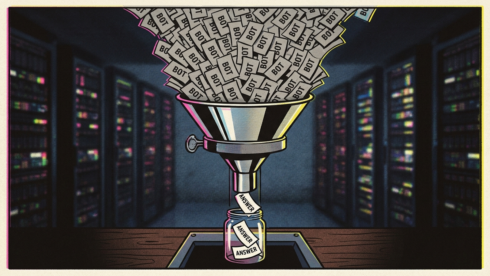 Funnel from claimed AI bot hits through IP verification to live-answer fetches
